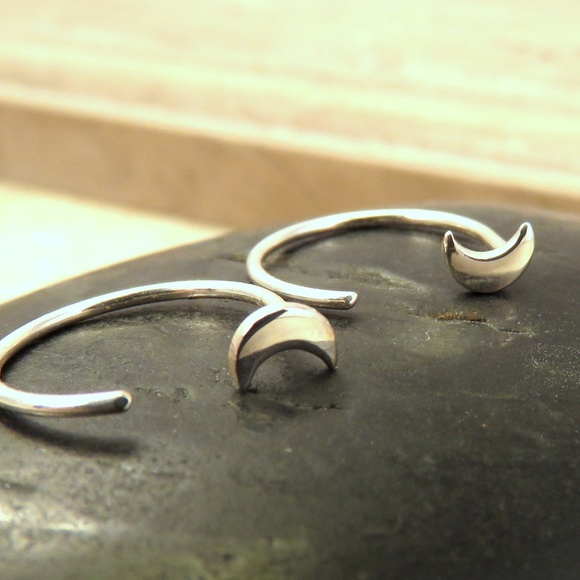 Tiny Silver Crescent Moon Hoop Earrings - Sleeper Hoops - Handcrafted NWT - Picture 2 of 5